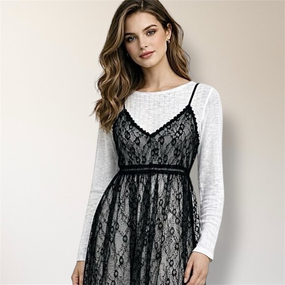 After Market Black Lace Midi Slip Dress Sheer Layered Gothic Witchy Romantic S - Picture 6 of 10